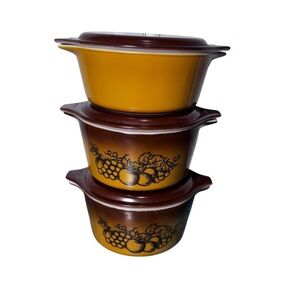 Vintage Pyrex Old Orchard Casserole Dishes Brown Lids
